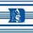 A pixelated blue 'D' with a white figure inside, set against horizontal blue and white stripes on the left; a black background with blue text 'DUKE BLUE DEVILS' and a red curved shape on the right.