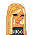 Pixel art contact sheet showing multiple frames of an animated buddy icon with a blonde character and text elements on dark backgrounds.