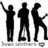 Three black silhouettes of human figures in distinct poses against a white background, with pixelated edges and no visible facial features or clothing details.