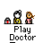 Animated contact sheet of 15 pixel art frames showing two stick figures interacting with medical bag and changing speech bubbles, arranged in a 4x4 grid on gray background.