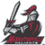 Pixelated figure in dark armor with red accents holds a sword aloft, standing on a red banner with unreadable text.