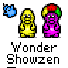 A 3x3 contact sheet of pixel art frames showing two cartoon characters with changing expressions, text bubbles, and a floating blue hand icon across multiple animation states.