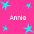 Pink background with multiple cyan stars and repeated white text "Annie" in pixelated font.