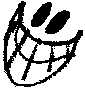 Black and white pixelated icon shows a stylized face with large oval eyes on the left side, transitioning to closed eye shapes on the right.