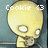 Pixelated yellow character with large white eyes holds a cookie, text above reads 'Cookie <3' and 'yummy' in different frames.