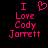 Two side-by-side pixelated text displays on black background, both reading 'I Love Cody Jarrett' in pink, with left display featuring a pink heart symbol above 'Love'.
