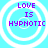 Four identical circular icons with white concentric rings on a light blue background, each displaying purple text reading LOVE IS HYPNOTIC.