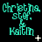 Cyan pixelated text "Christina, Stef., & Kaitlin" arranged in a with white star and dot symbols on black background