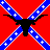 Static pixel art icon featuring a black cross with blue and white striped arms on a solid red background, rendered in low-resolution 8-bit style with visible dithering.