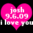 Two pink heart shapes with white text 'josh 9.6.09' and 'i love you' on black background, static display.
