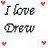 Static pixel art displays 'I love Drew' text with four pink heart icons on a light background.