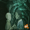 Animated scene of two characters in a cave with glowing particles, one holding a book and the other holding hands.