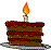 Pixelated birthday cake with brown layers, red icing, and a single candle emitting orange-yellow flame on top.