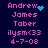 Pixelated text displays Andrew James Taber with date 4-7-08 and ilysm<33, accompanied by a blue heart or particle animation on dark background.