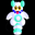 Pixelated character with teal and white body, blue collar, yellow eyes, pink mouth, performing sequential dance moves against black background.
