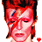 A 48x48 pixel animated contact sheet showing three frames of a David Bowie-themed buddy icon with red and blue lightning bolt face paint, closed eyes, and heart/spade symbols in the corners.