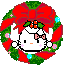 Pixelated Hello Kitty face in a Christmas wreath with red bow, green foliage, and colored ornaments, eyes closed in one frame.