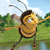 Pixelated bee character with yellow and black stripes, translucent wings, and antennae, standing on green grass with trees and blue sky background.