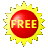 Red circular badge with yellow sunburst border displaying 'FREE' text, shown in multiple orientations and sizes across a