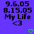 Pixelated text on purple background with green heart icons, showing date and time stamps above 'My Life <3' in black font.