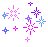 Pixelated starburst and cross-shaped icons in pink, purple, blue, and white on a gray background with no visible text or animation changes between frames.