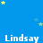 Blue background with yellow and light blue stars scattered throughout, repeated white text "Lindsay" in three , gray rectangle in bottom right corner