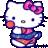 Pixelated white cat with pink bow, blue accents on ears and clothing, orange cheeks, yellow nose, dark blue eyes, static image against gray background.