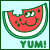 Pixelated watermelon slice with a bite taken out, smiling face on red flesh, green rind border, light blue checkered background, and 'YUM!' text below.