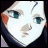 Pixelated anime-style face with blue eyes and red cheek, next to stylized text on black background.
