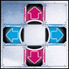 nine animated frames showing a central white circle with changing text surrounded by four pink arrows and four blue arrows on a light gray background