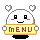 A 4-frame pixel art animation of a white rounded character holding a yellow 'MENU' sign with red text, showing subtle facial and heart variations across frames against a gray background.