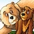 Pixelated static image of two cartoon dogs with brown and tan fur, one larger dog on the left and a smaller dog on the right, both facing forward against a light background.