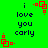Green background with dark blue text reading "i love you carly" and red pixelated square patterns in four corners.