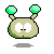 Pixelated character with green antennae and beige body displays multiple facial expressions including wide eyes, closed eyes, smiling, and crying.