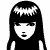 Pixelated black-and-white icon of a figure with long straight hair, bangs, and a white headband-like pattern on the forehead.