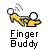 Pixelated yellow figures in dynamic poses with white circular heads, one kicking a soccer ball, against a gray background with "Finger Buddy" text below.