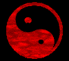Red and black yin-yang symbols with textured red patterns, displayed in a of animated variations showing different orientations and internal dot placements
