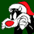 A cartoon character wearing a red Santa hat with white trim, black body, and white fur accents on the hat's brim and ears, holding a large red circular object against a solid green background.