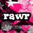 Pixelated pink and gray camouflage background with bold text 'rawr' on left, 'bitch!' on right, and a white star-emoji-like symbol above a '>:]' emoticon.