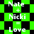 Green and black checkered background with repeated white text 'Nate + Nicki = Love' in pixelated font.