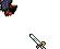 Pixelated character with brown hair and blue clothing wields a silver sword, transitioning from upright to falling pose amid red pixel bursts.