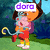 Pixelated cartoon character with brown hair and orange skin holds a pink object, standing on green grass against blue trees.