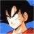 Pixelated image of a character with spiky dark hair, light skin, and raised hand gesture against blue background.