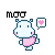 Pixel art hippo with light blue body, pink cheeks and belly, holding a heart-shaped speech bubble above its head.
