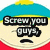 Pixelated cartoon face with blue and yellow hat, red shirt, black mouth line; text changes from 'Screw you guys,' to 'Cuz im Goin' home.' then becomes X-eyes.