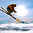 Pixelated image of a skier in mid-air with crossed ski poles against a snowy landscape and blue sky, paired with pixelated text on a solid blue background.