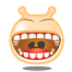 Pixelated cartoon character with light brown rounded head, two small ears, closed eyes, and wide open mouth showing white teeth and red gums.