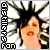 Pixelated static image of a figure with spiky black hair, closed eyes, and an open mouth against a white background with vertical QR-like patterns on the left.