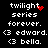 Pixelated text and symbols on black background with red heart and dot animations. White text reads 'twilight series forever. <3 edward. <3 bella.'
