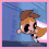 Pixelated cartoon character with brown hair and large black eyes in a six- animation showing sequential movement against blue background